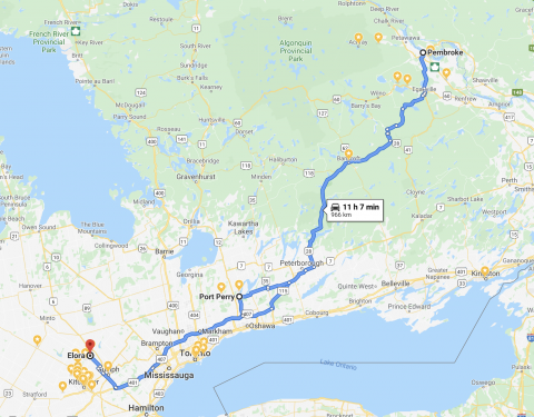 View of my route from Elora to Pembroke and back on Google Maps